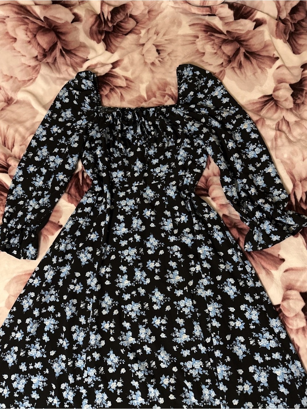 Black and light blue floral dress with long sleeves